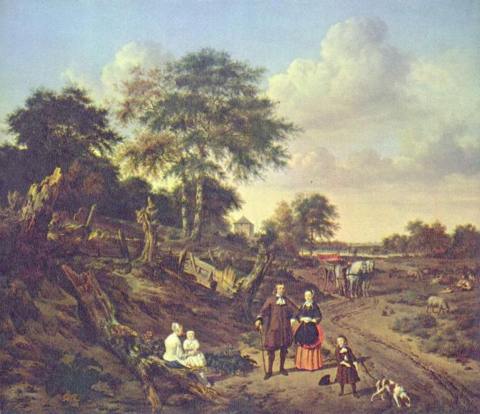 Portrait of a couple with two children and a nursemaid in a landscape